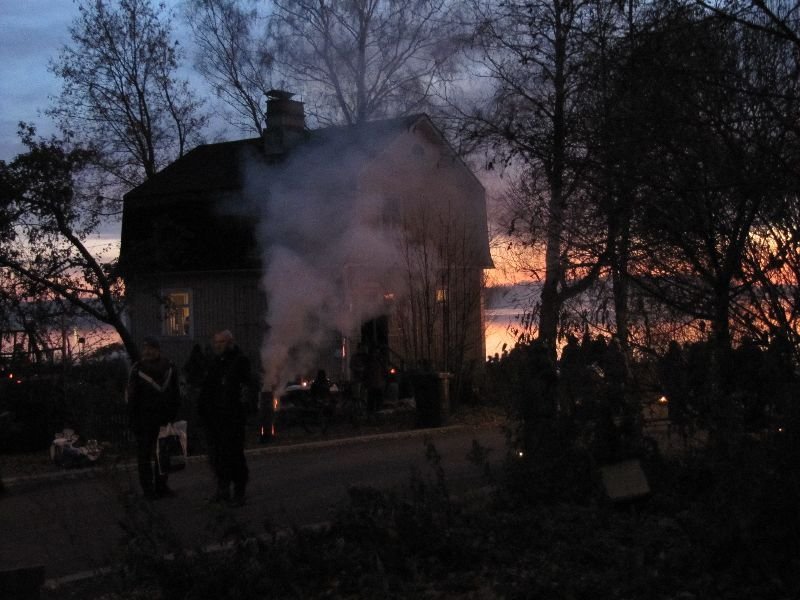 Smoke drifting past a wooden house and bare trees at sunset.